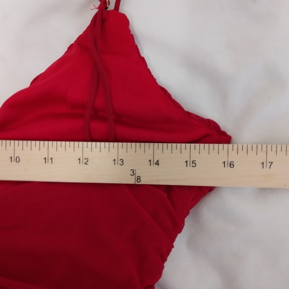 Size L Fashion Nova Red Ruched Spaghetti Strap Dress V Neck Hidden Back Zipper - Picture 7 of 9